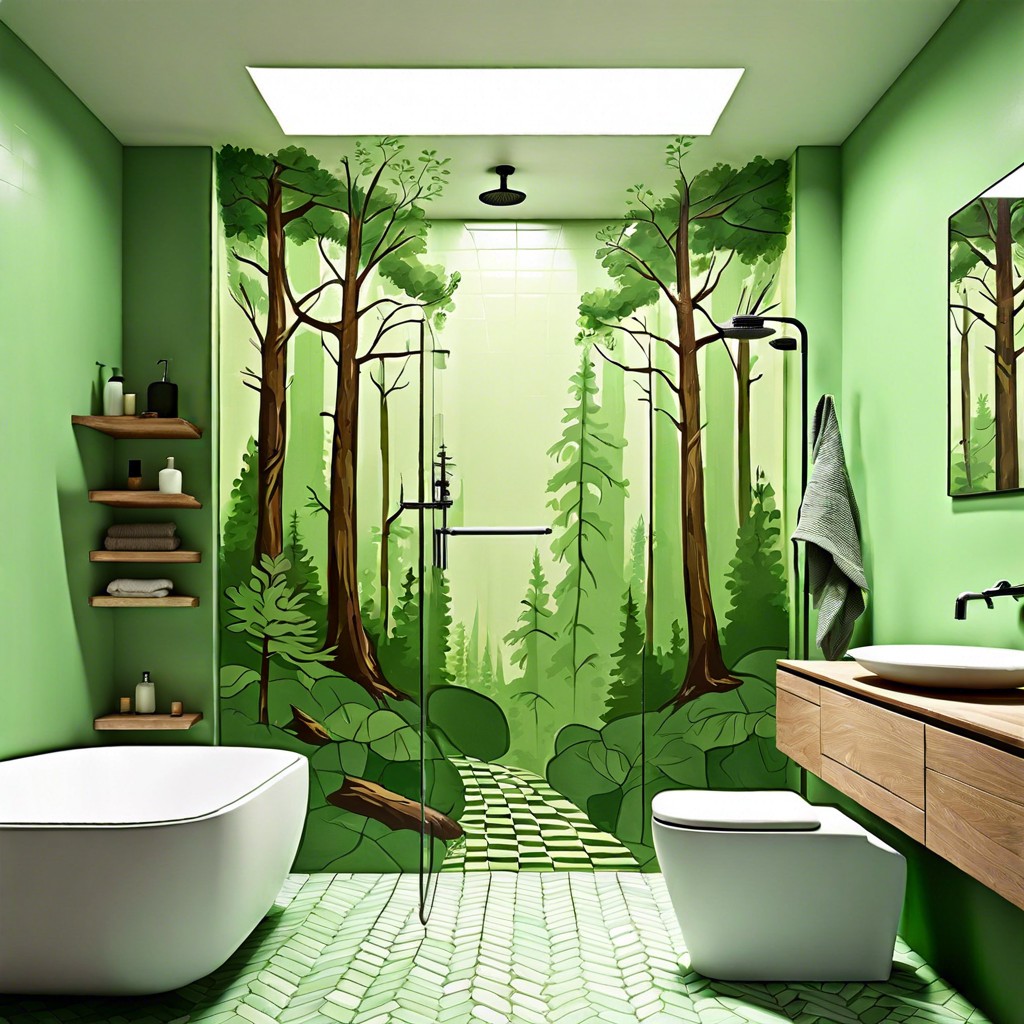 hand painted forest motifs on light green tiles