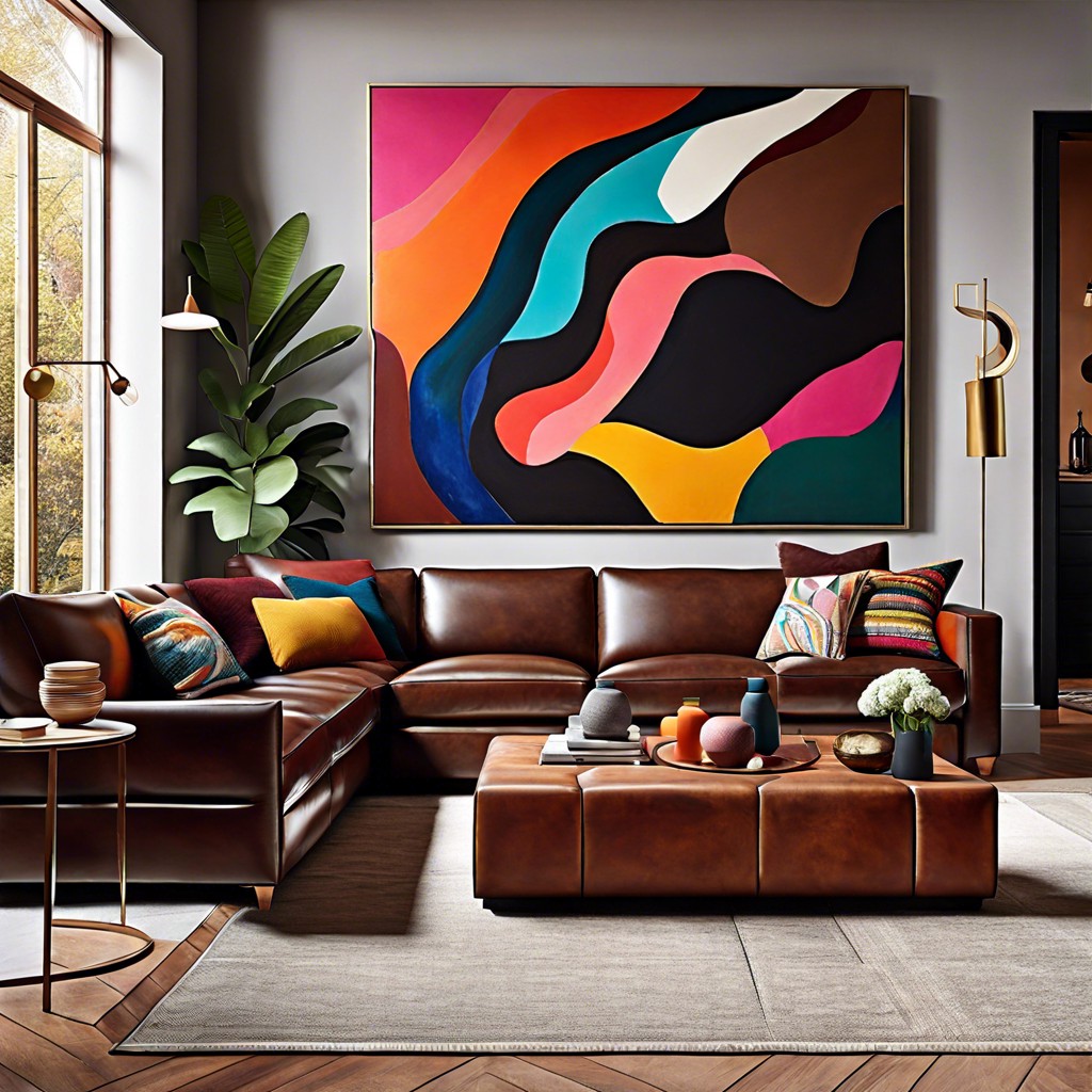 hang a large colorful art piece above the sofa as a focal point