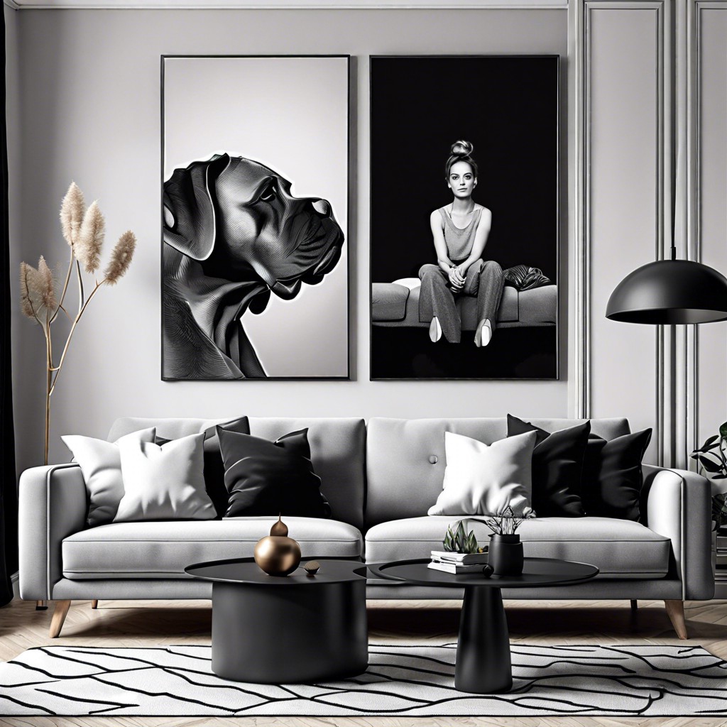 hang bold black and white photography above the couch