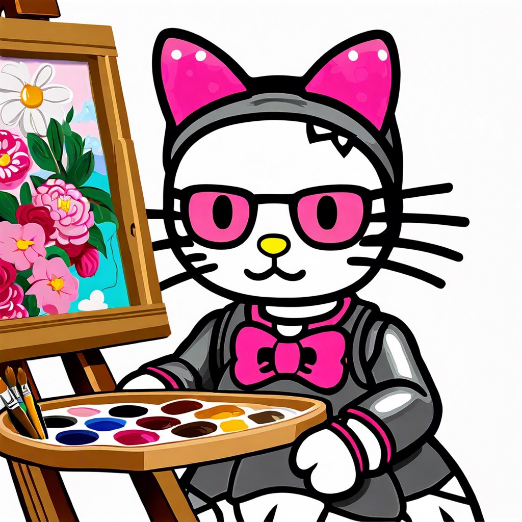 hello kitty as a painter painting a self portrait