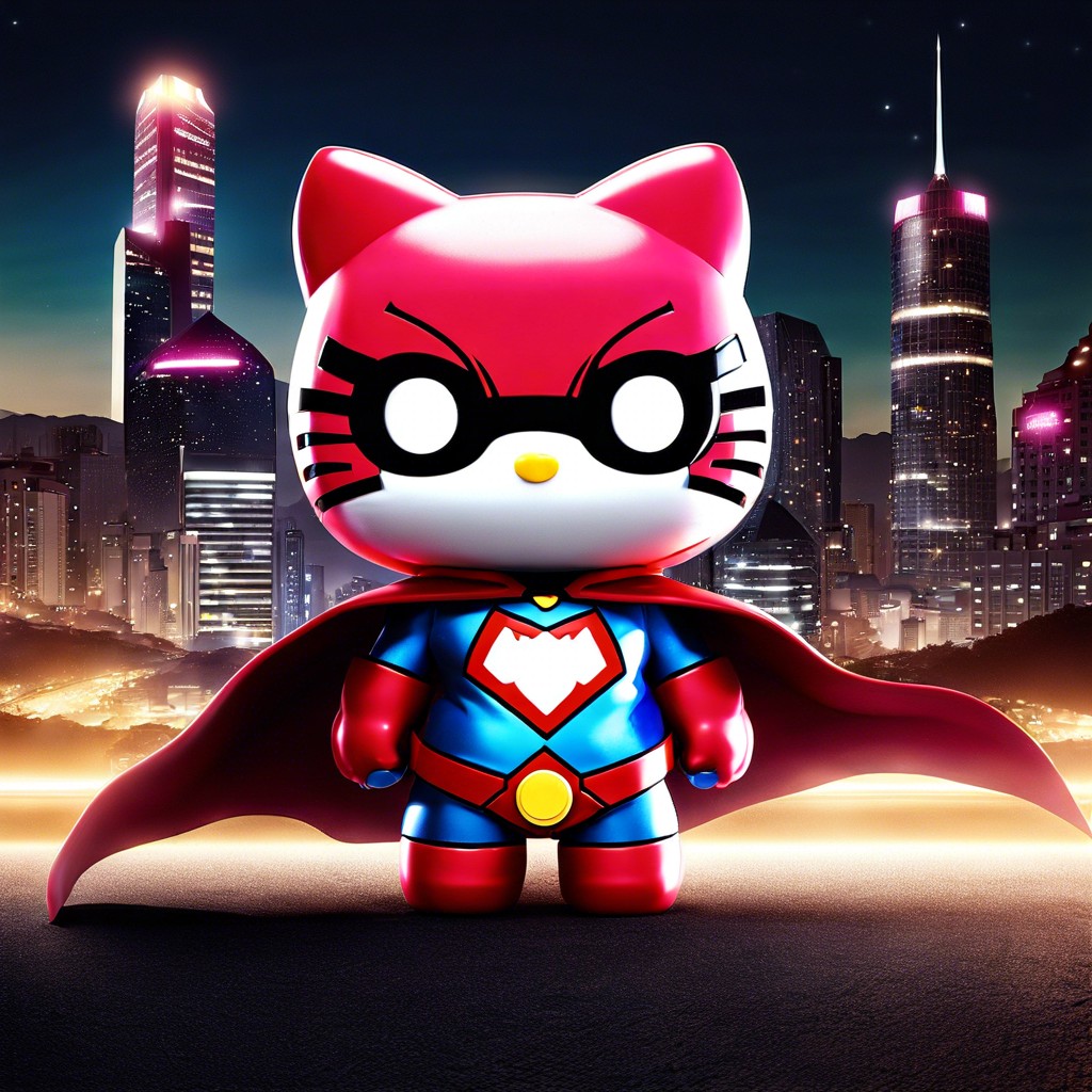 hello kitty as a superhero saving a city