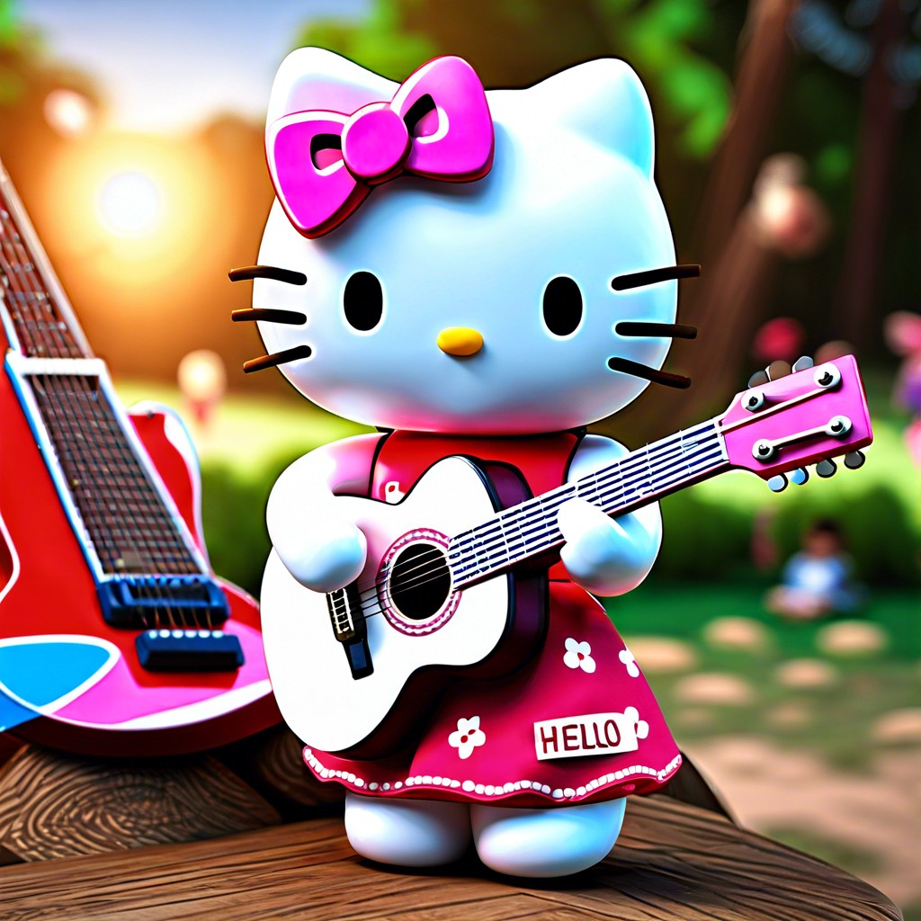 hello kitty at a music festival playing guitar