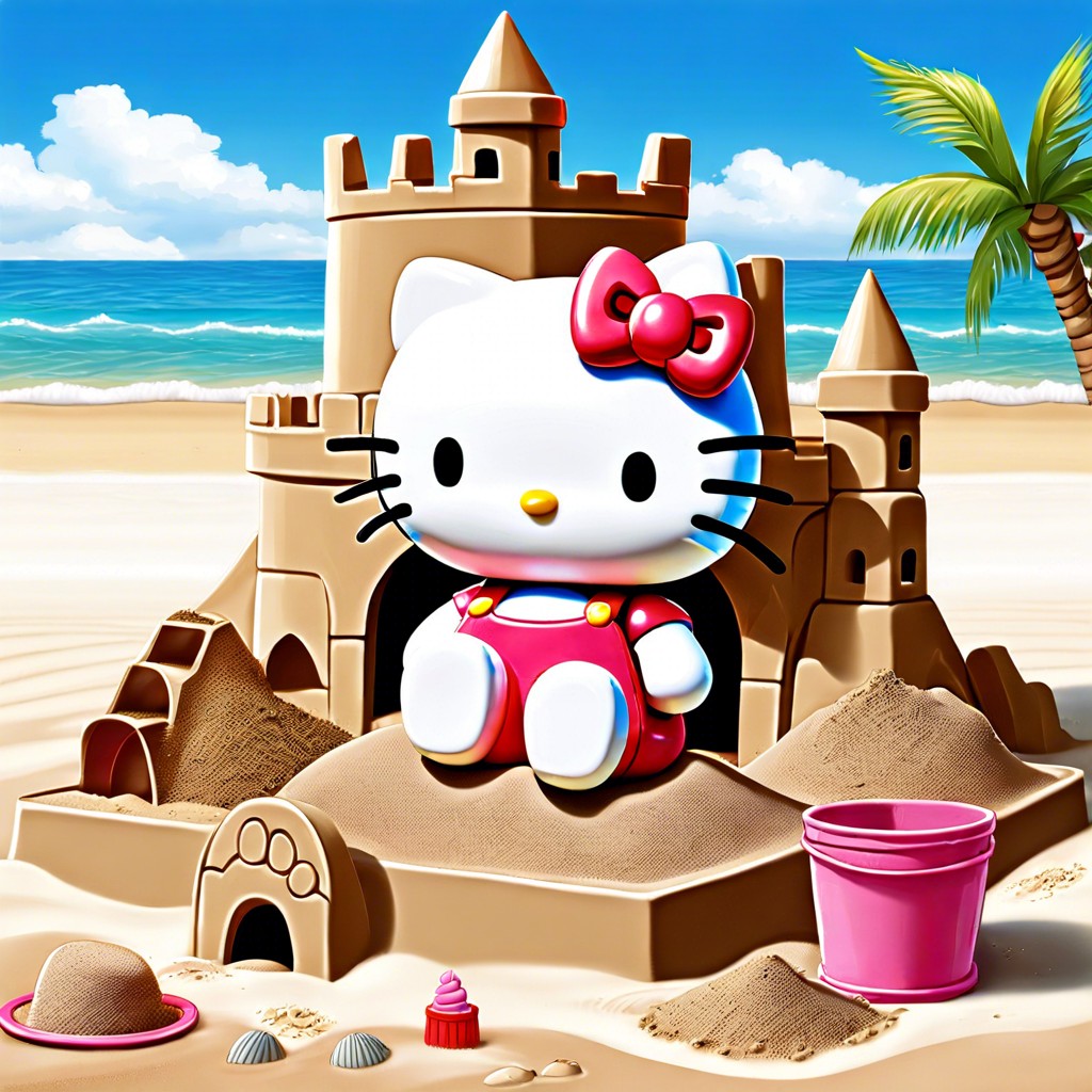 hello kitty building a sandcastle on the beach