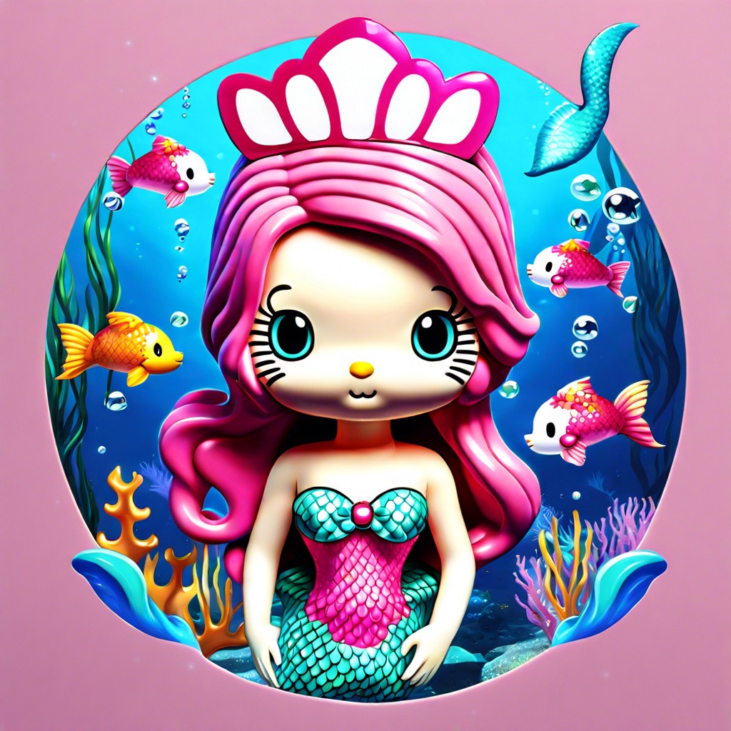 hello kitty dressed as a mermaid underwater