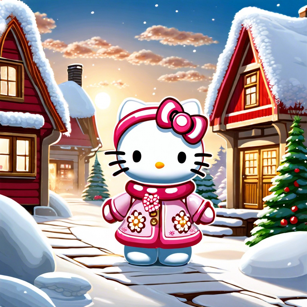 hello kitty in a snowy village making snow angels