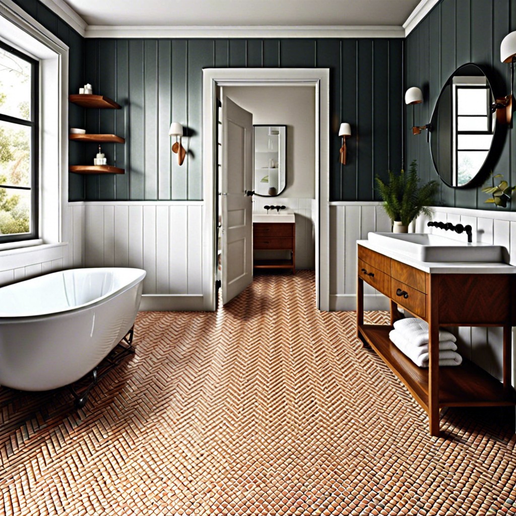 herringbone hustle lay penny tiles in a herringbone pattern using two contrasting colors