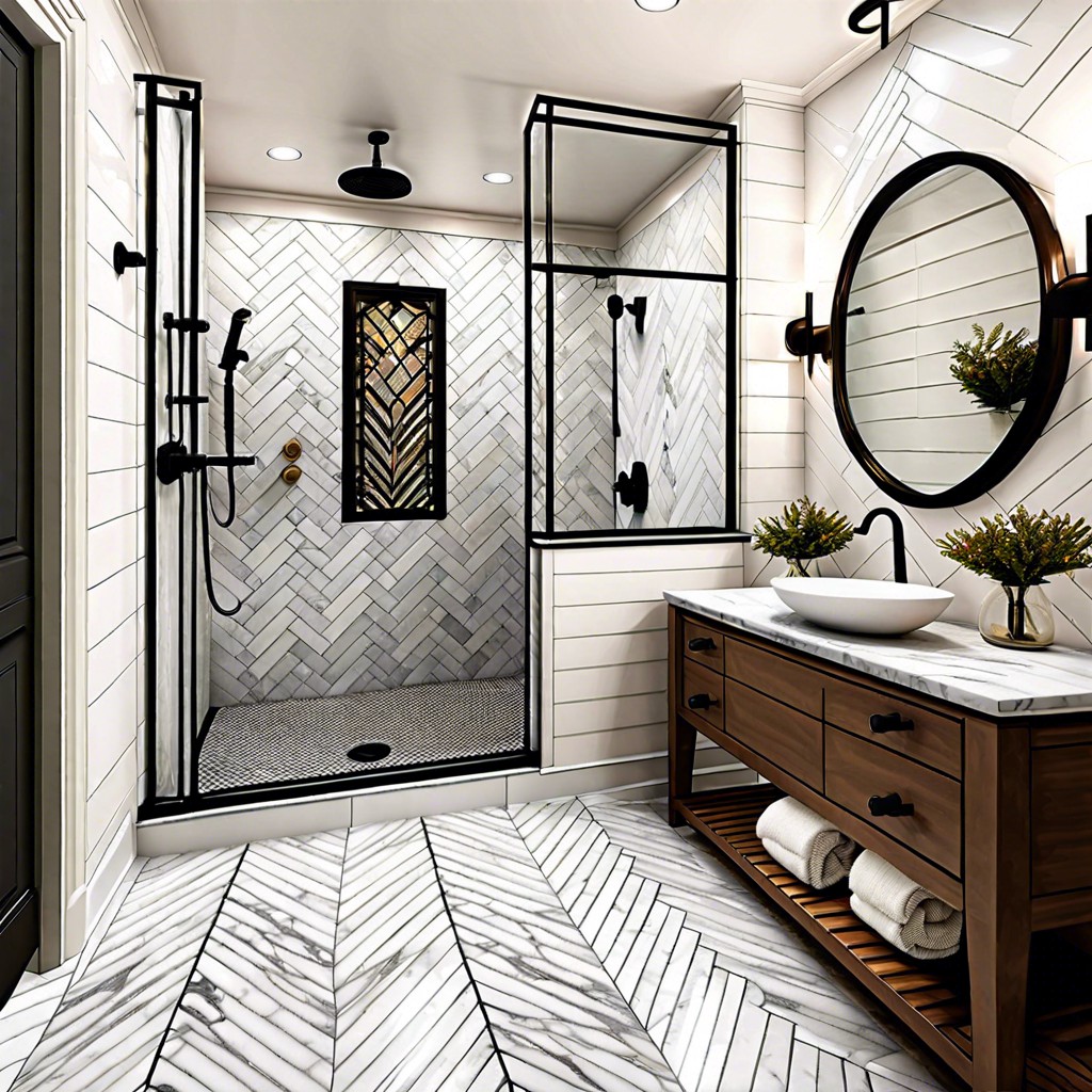 herringbone layout with marble tiles for an elegant sophisticated style