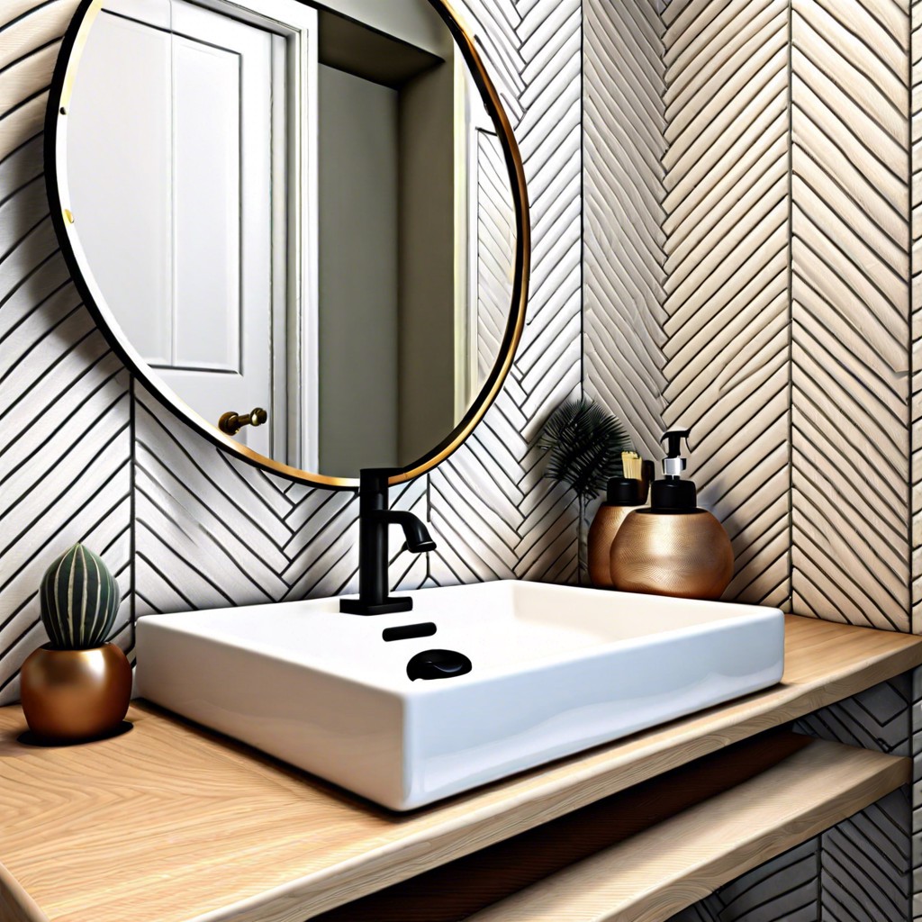 herringbone pattern behind the sink for a dynamic look