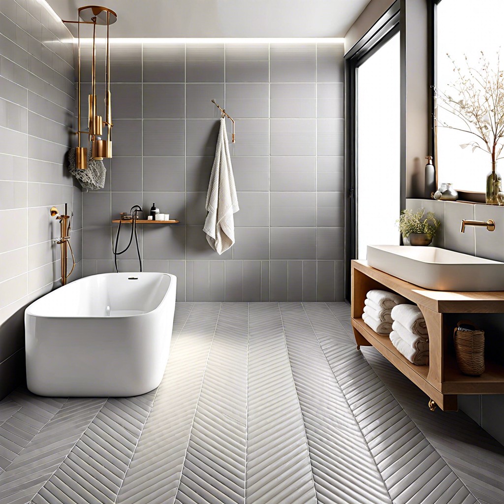 herringbone pattern tiles in light grey