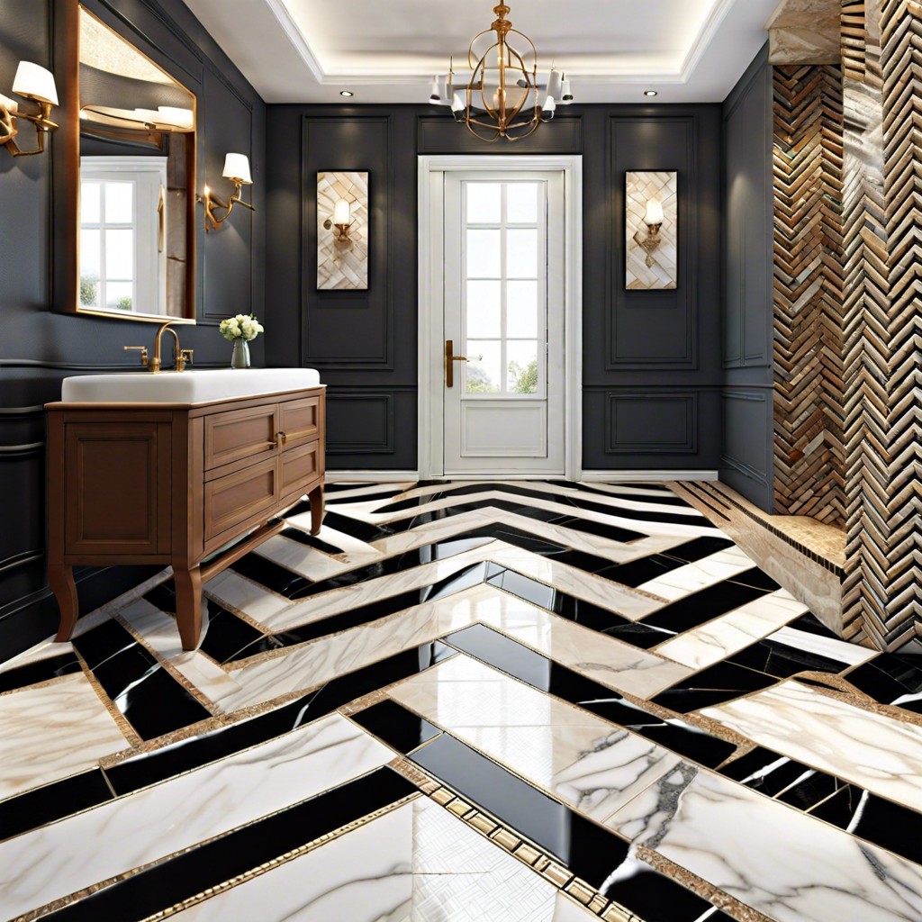 herringbone pattern with alternating marble and glass tiles