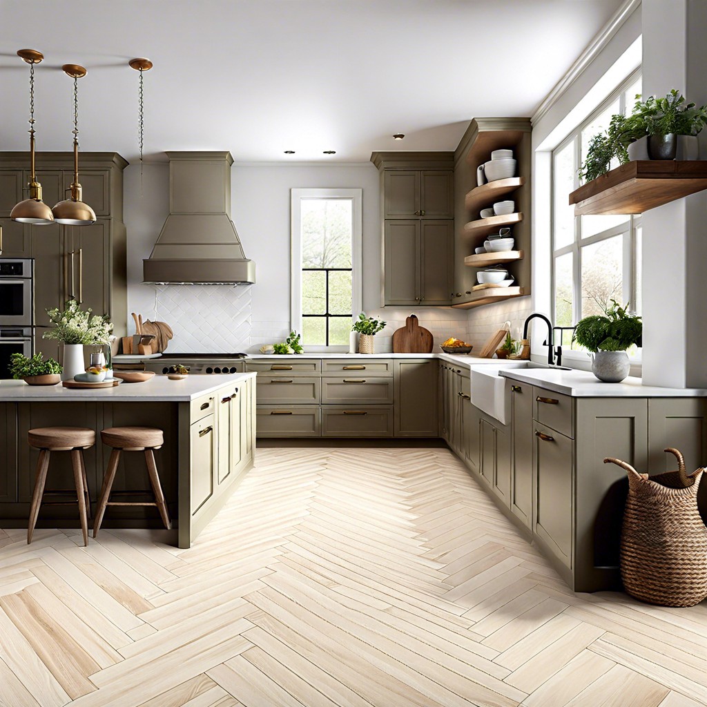 herringbone patterned white wood floors