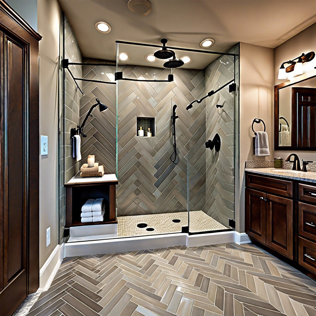 herringbone tile pattern with glass tile accents