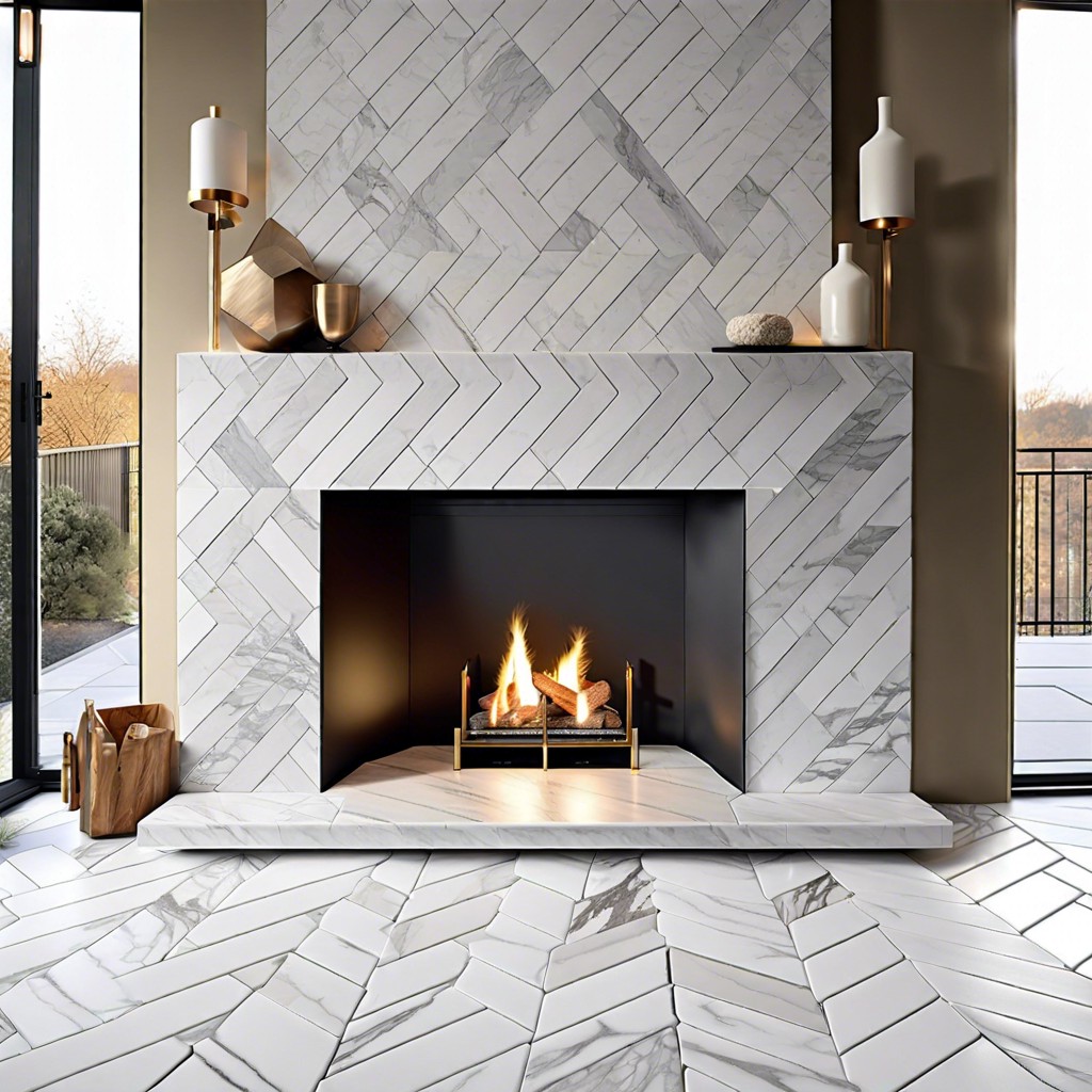 hexagon marble tiles in a herringbone layout