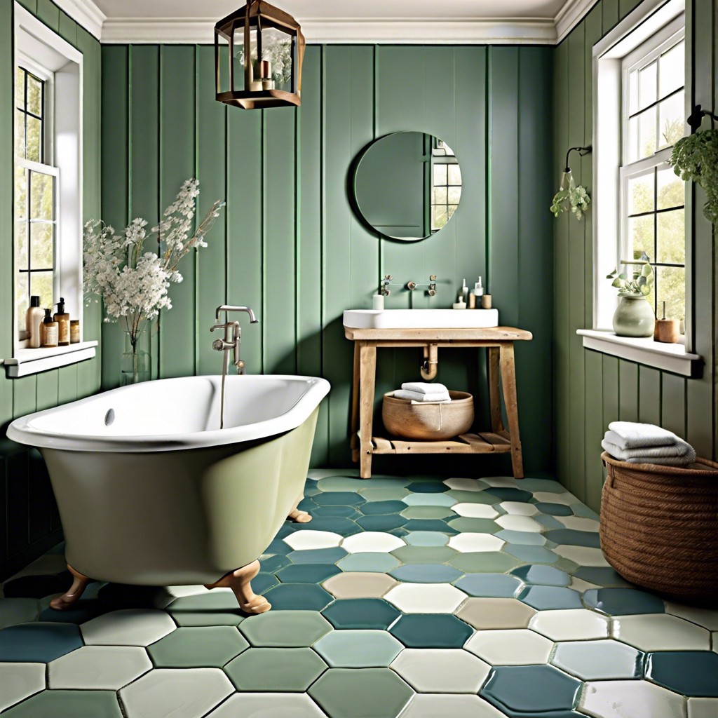 hexagonal tiles in muted greens or blues