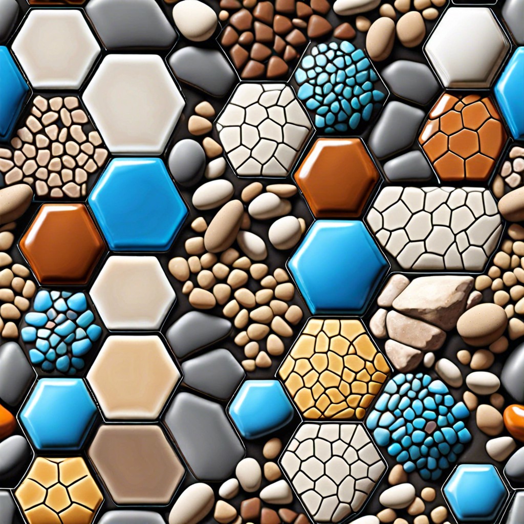 hexagonal tiles mixed with pebbles