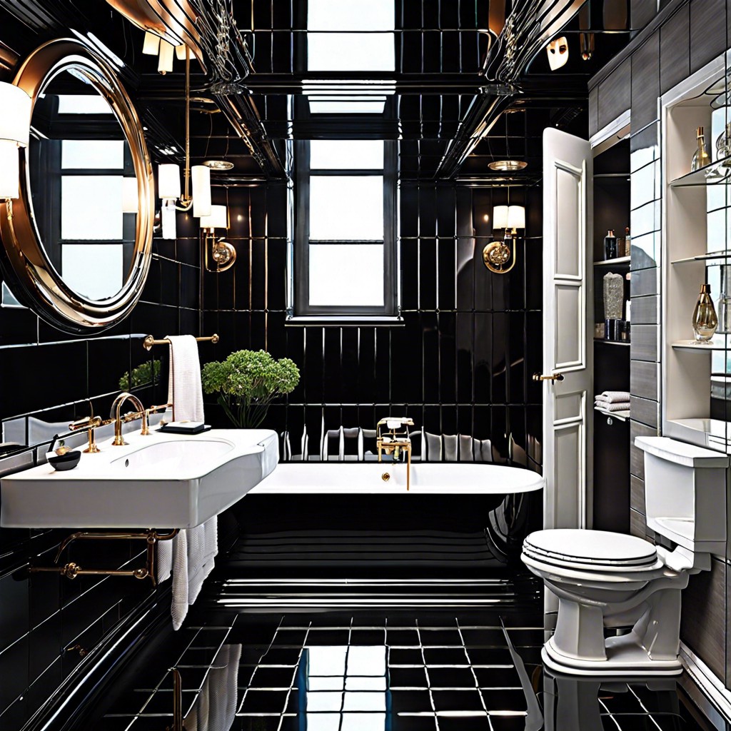 high gloss black tiles with a mirrored ceiling