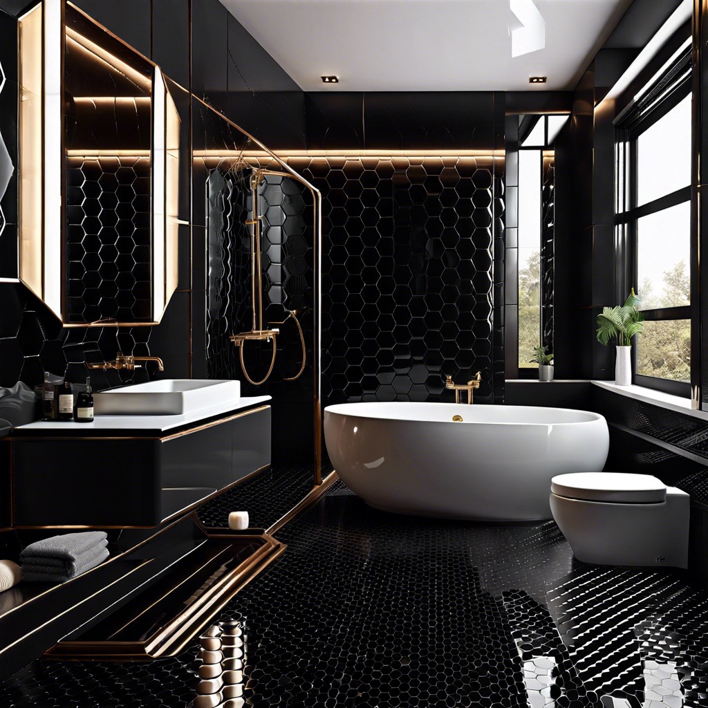 high gloss glamour glossy black hexagon tiles with silver accents