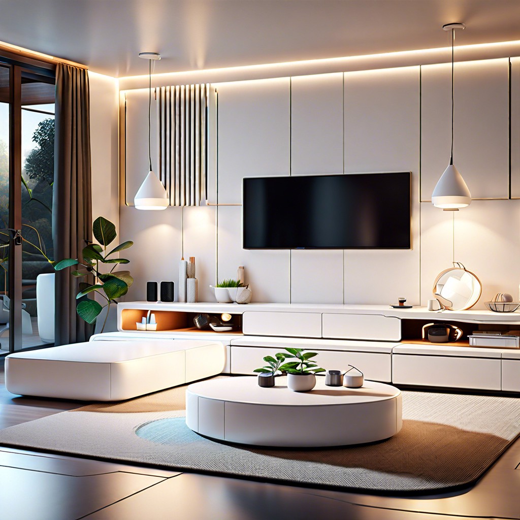 high tech lounge with modular white furniture smart lighting and sleek surfaces