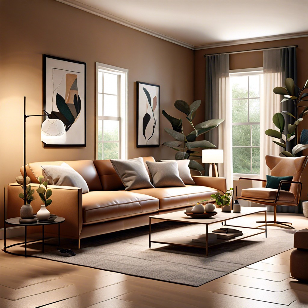highlight the sofa area with a sculptural floor lamp for direct and ambient lighting