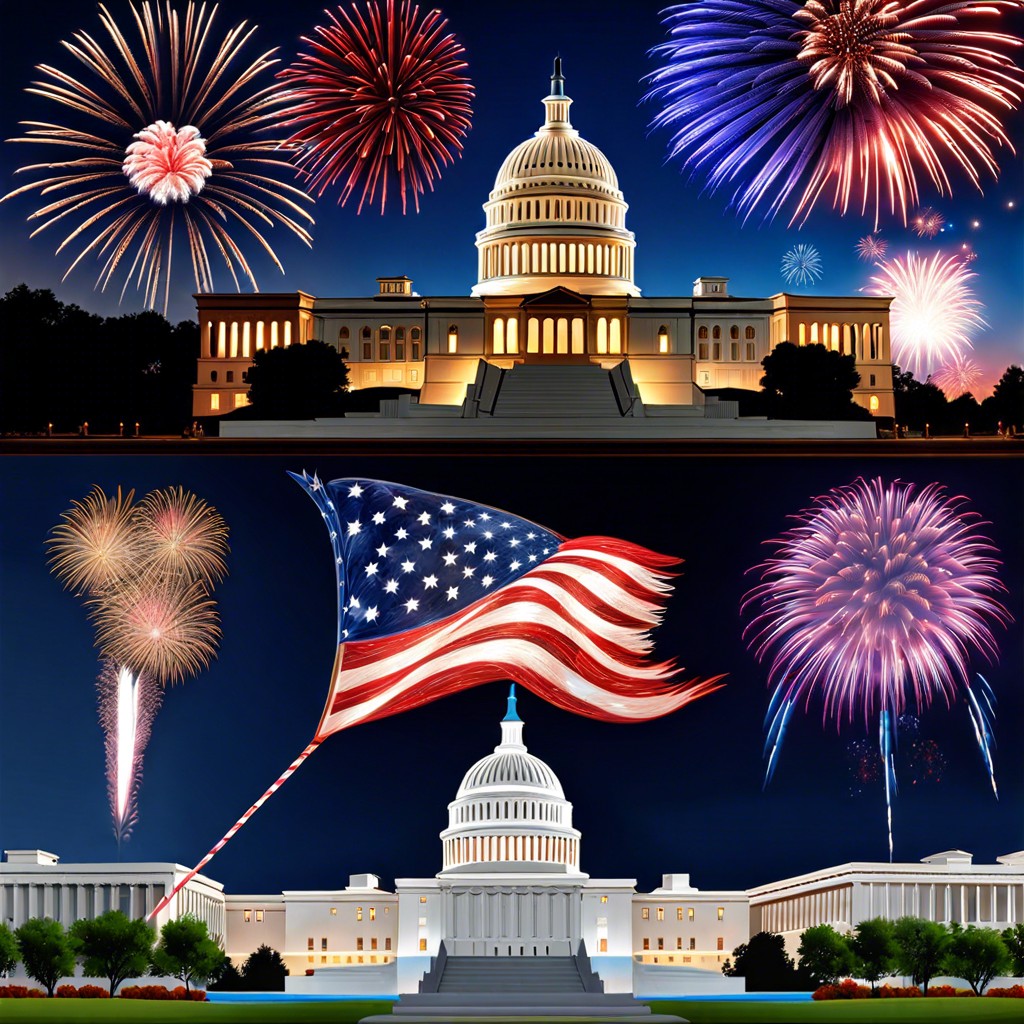 historical u.s. landmarks with fireworks overhead