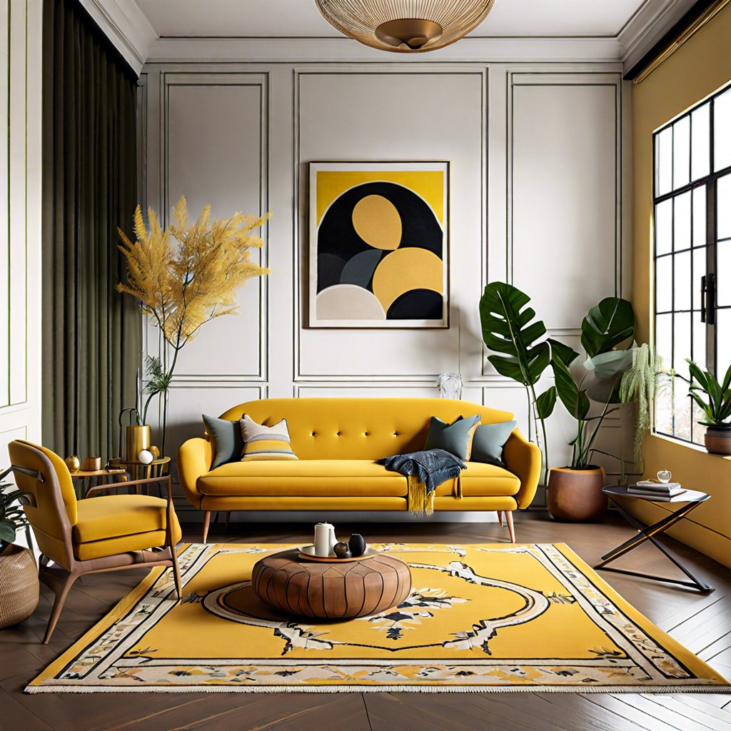 include a vintage rug with yellow tones for cohesion