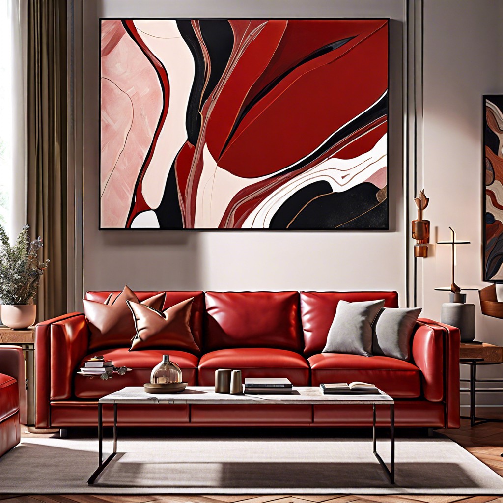 incorporate a gallery wall of abstract art above the sofa