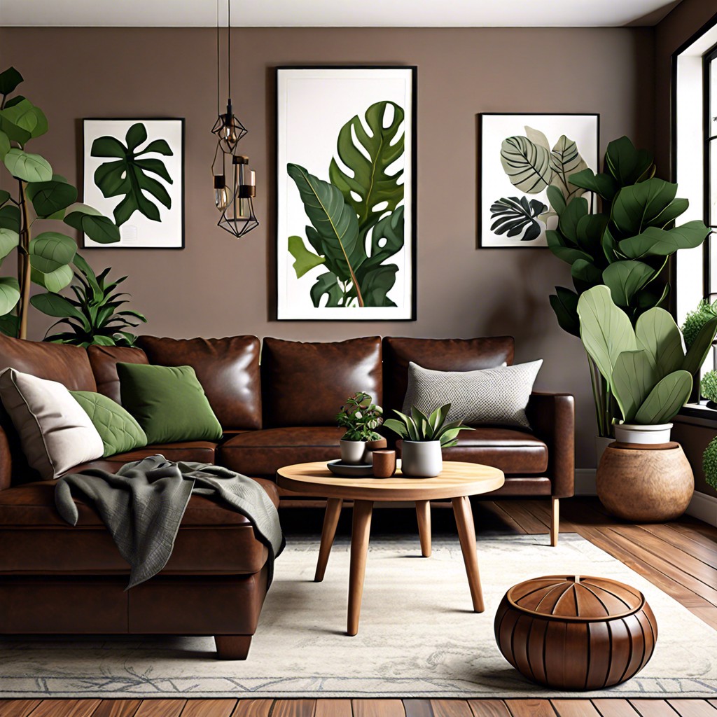 incorporate a wooden coffee table and natural green plants for an earthy feel