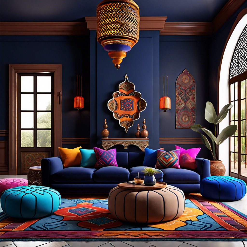 indigo sofa with moroccan poufs