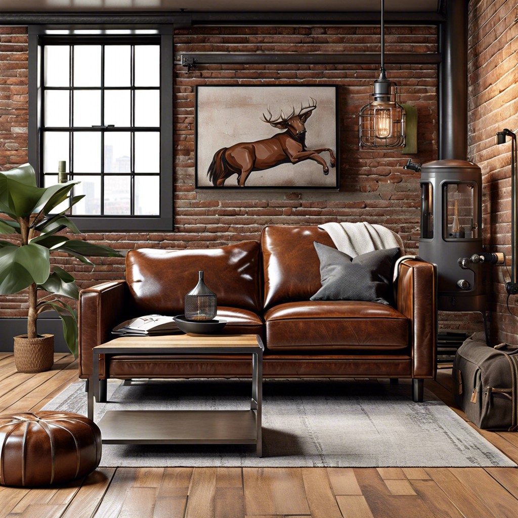 industrial chic combine a brown leather sofa with metal accents and exposed brick