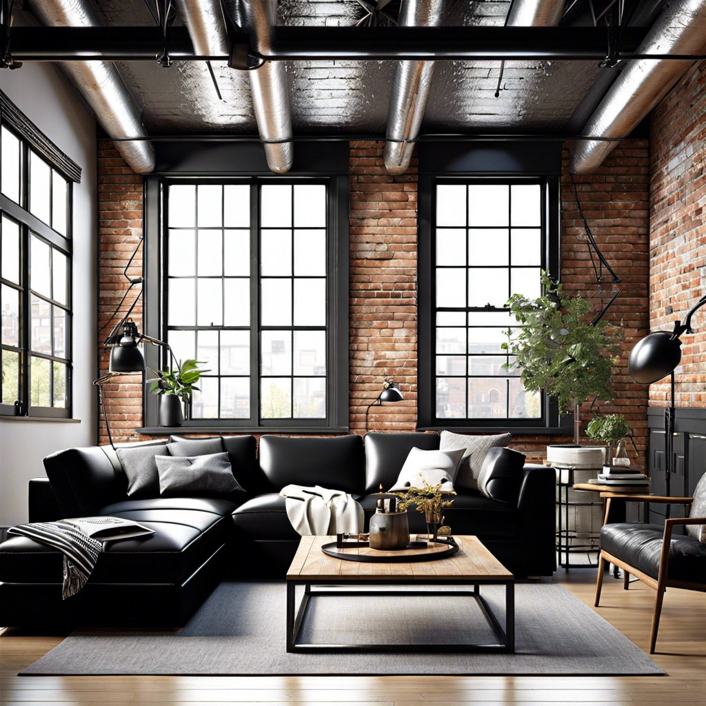 industrial chic combine the black couch with exposed brick and metal fixtures