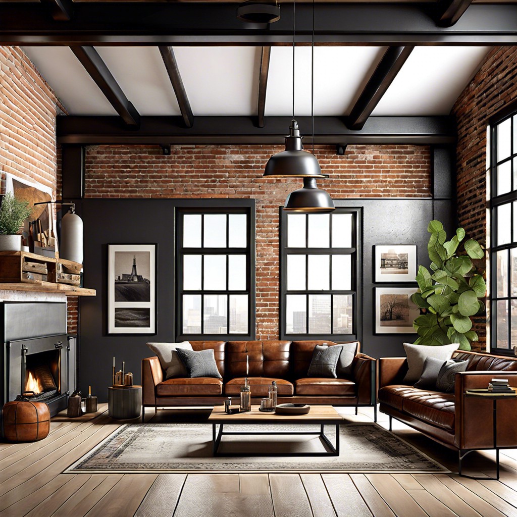 industrial chic exposed brick walls metal accents brown leather sofa