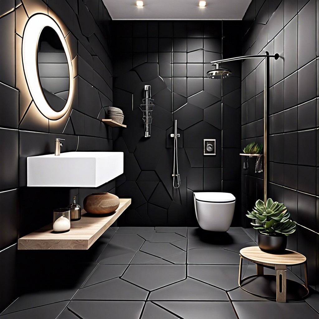 industrial chic matte black hexagon tiles with stainless steel fixtures