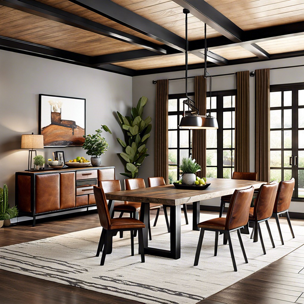 industrial dining table with leather sectional
