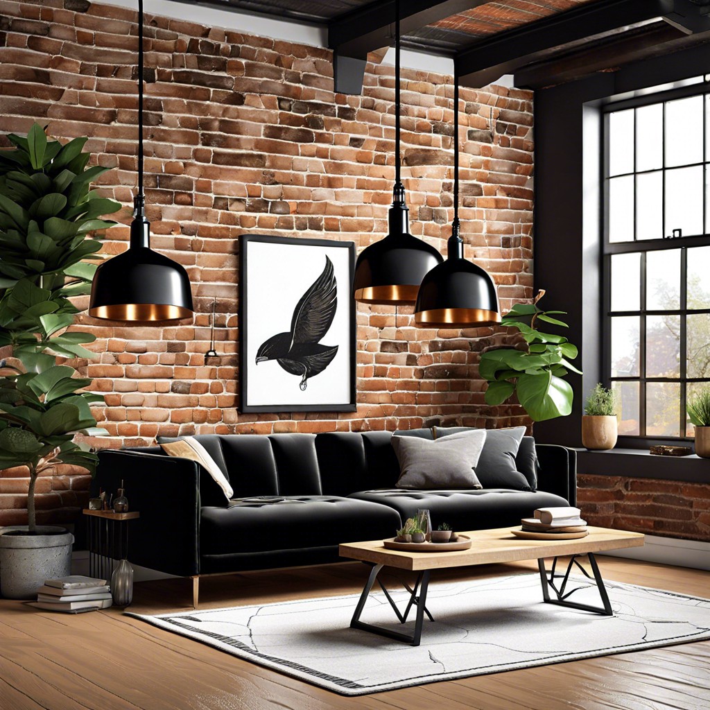 industrial edge black velvet sofa with exposed brick wall and metal pendant lights