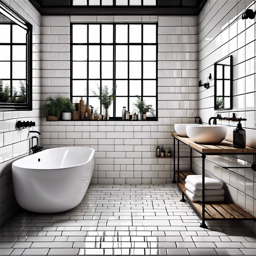 industrial edge glossy white tiles with exposed pipes and metal shelving