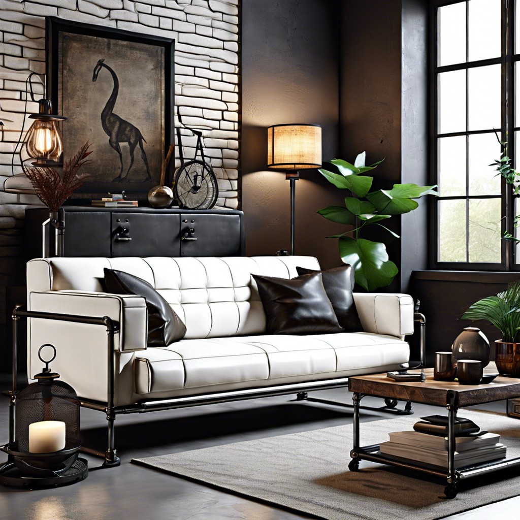 industrial edge incorporate metal elements and darker tones around the white sofa for a striking contrast