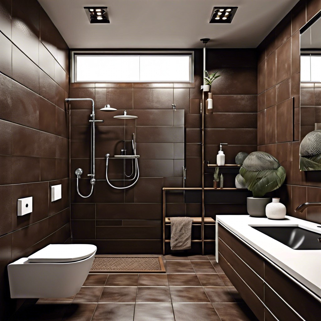 industrial edge pair dark brown tiles with exposed pipes and metal fixtures for an industrial look