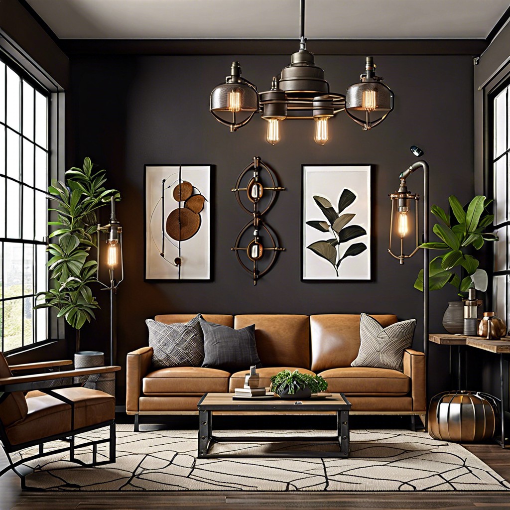 industrial edge pair the tan couch with metal accents dark walls and industrial light fixtures