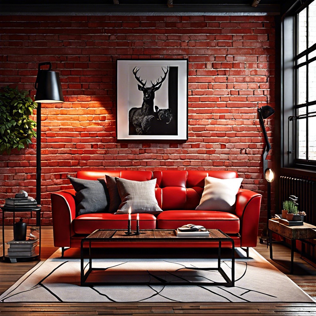 industrial edge place the red couch against exposed brick use iron or steel decor pieces and simple stark lighting