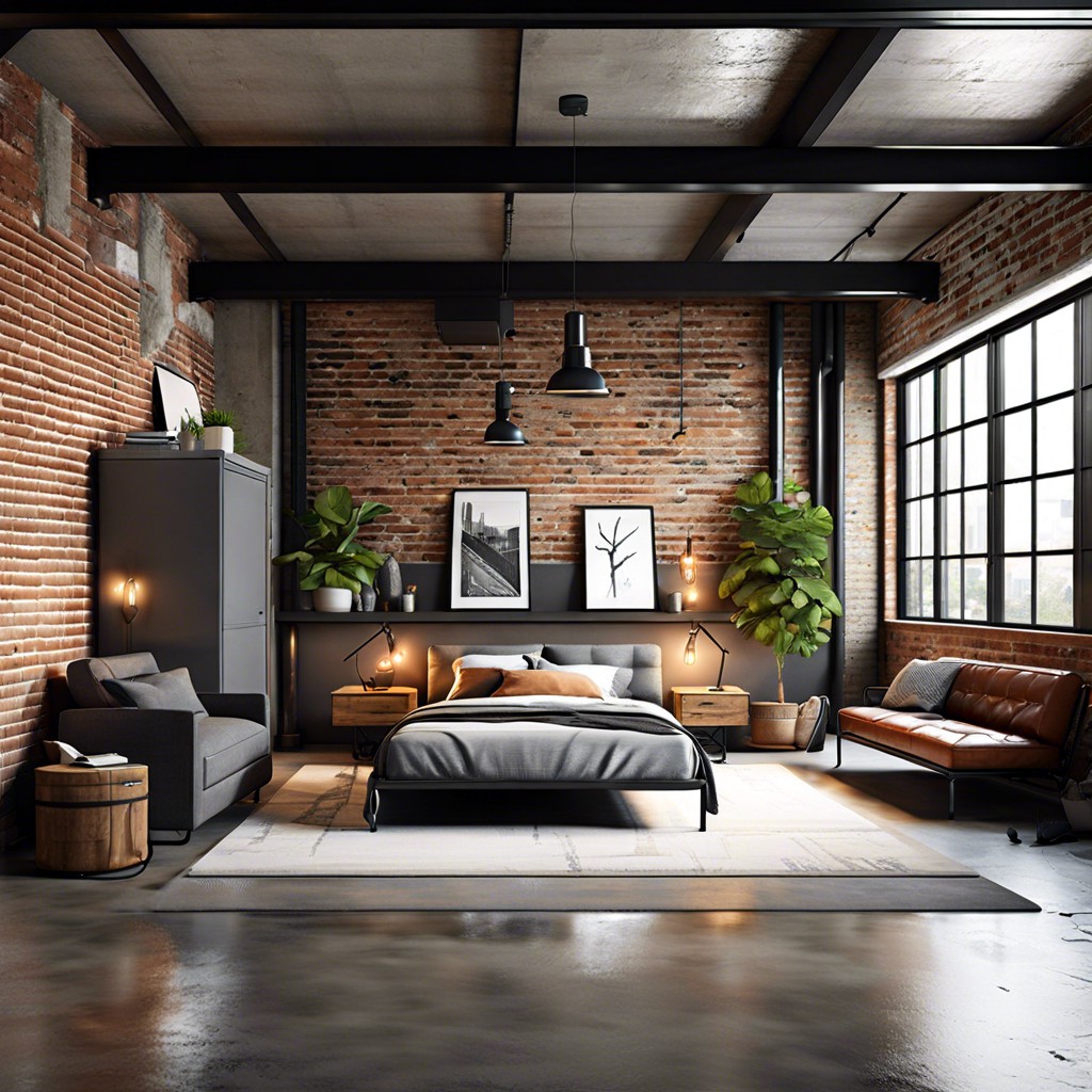 industrial loft exposed brick steel frame sofa bed and concrete flooring