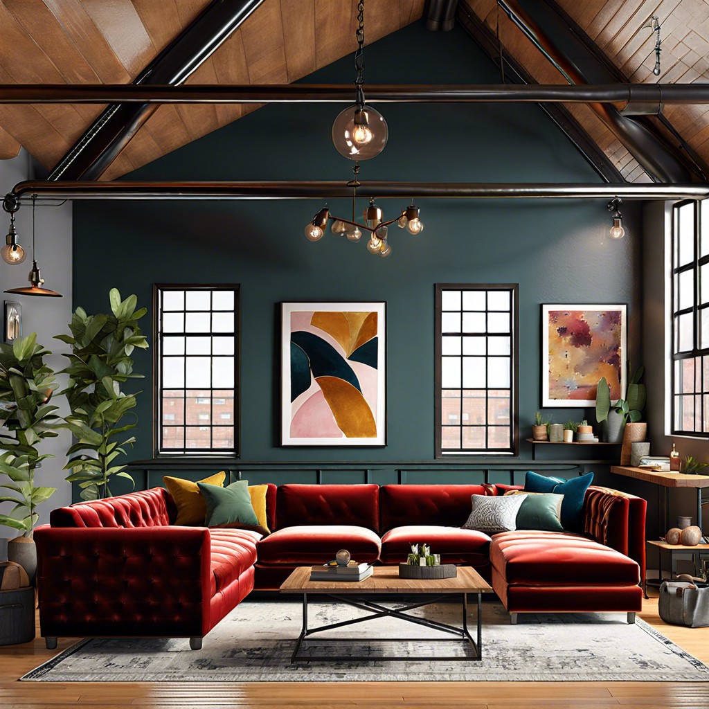 industrial loft with a bold colored velvet couch