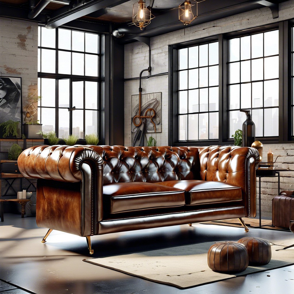 industrial loft with a leather tufted sofa