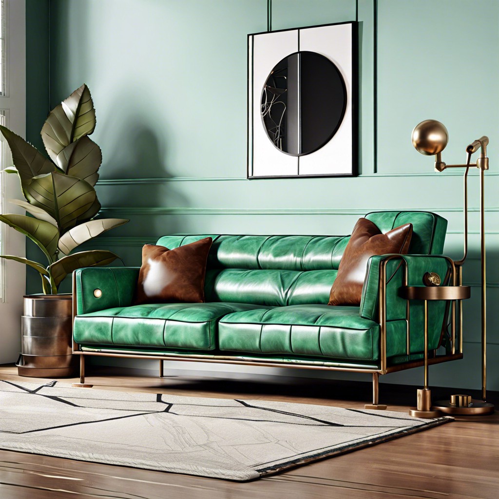 industrial style sea green leather sofa with metal accents