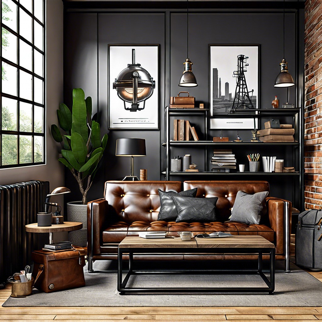 industrial style with metal accents and leather sofa bed