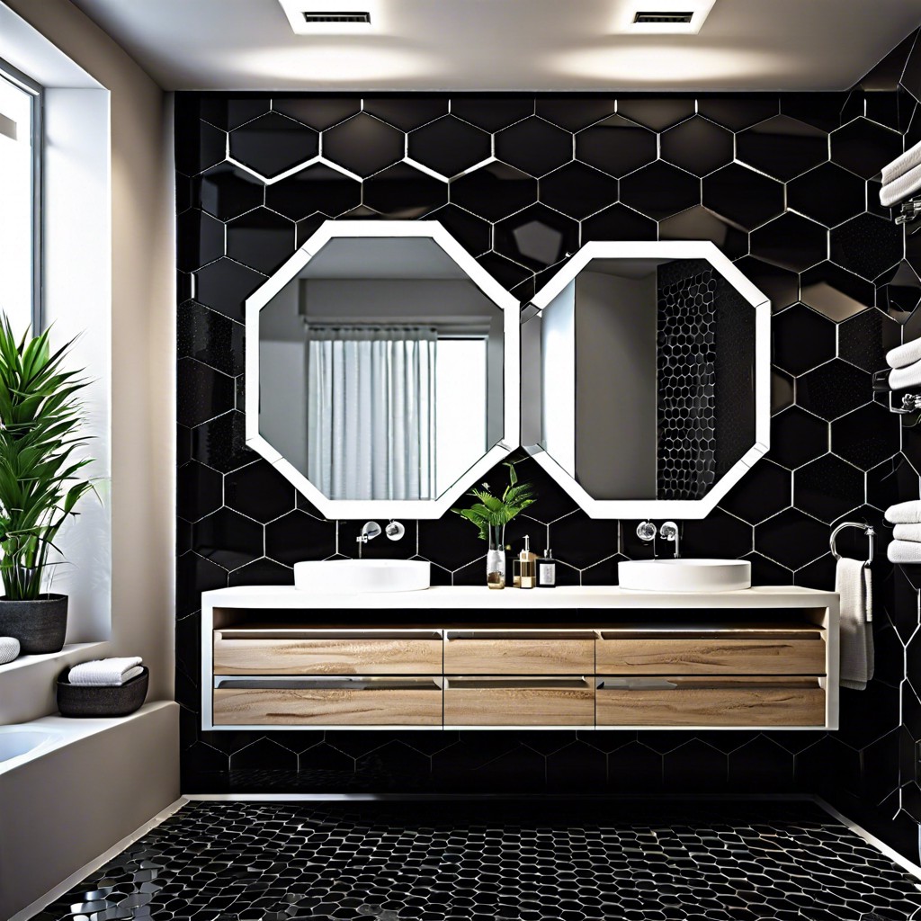 install a mirror framed by black hexagons as a vanity backsplash