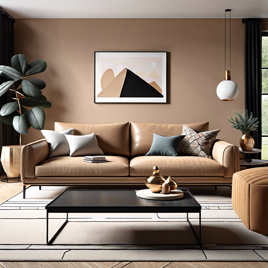 install a sleek geometric coffee table in front of the sofa