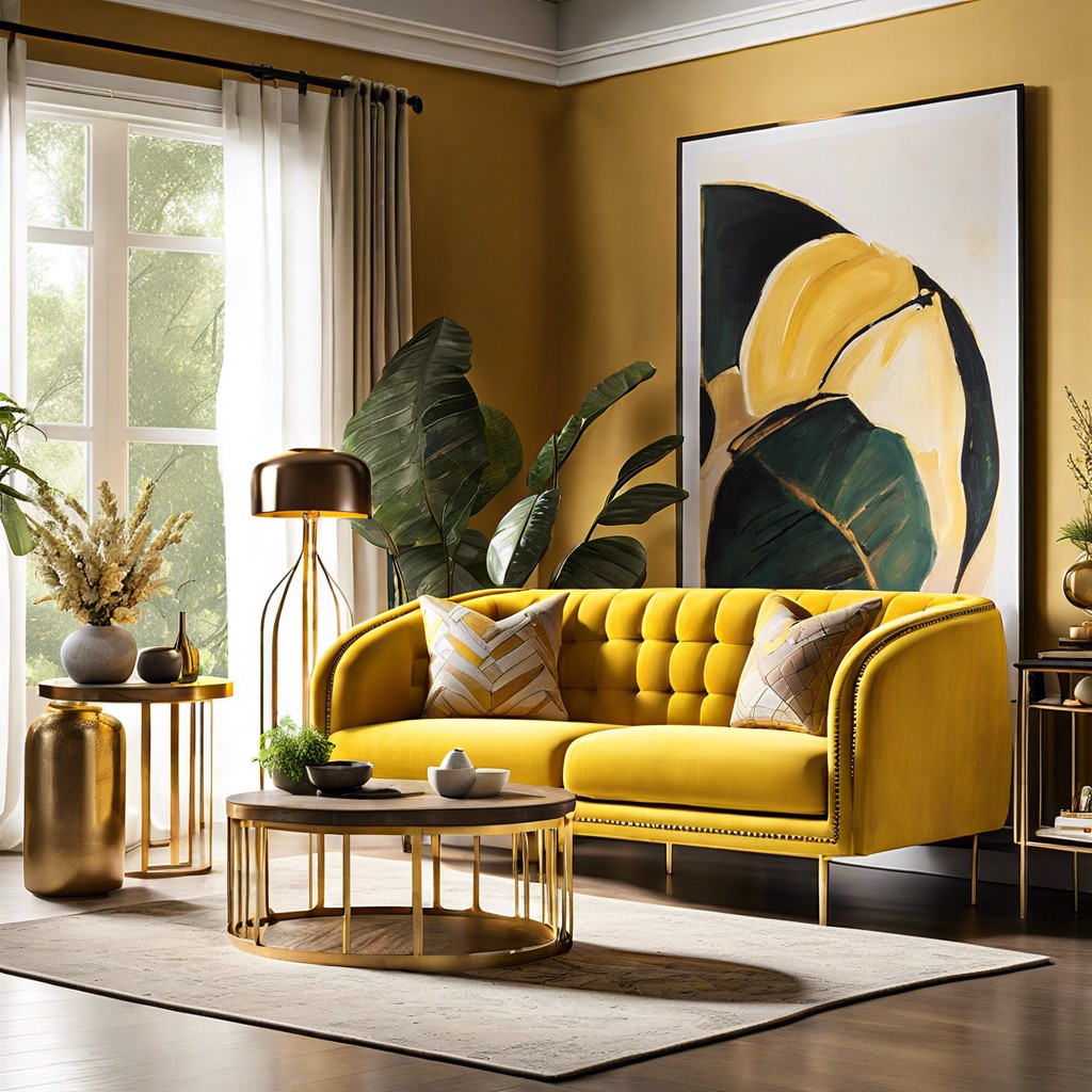 install ambient lighting with gold tones to complement the couch