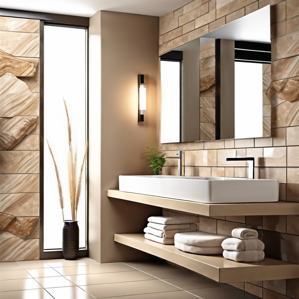 integrated stone sinks on beige tile vanity