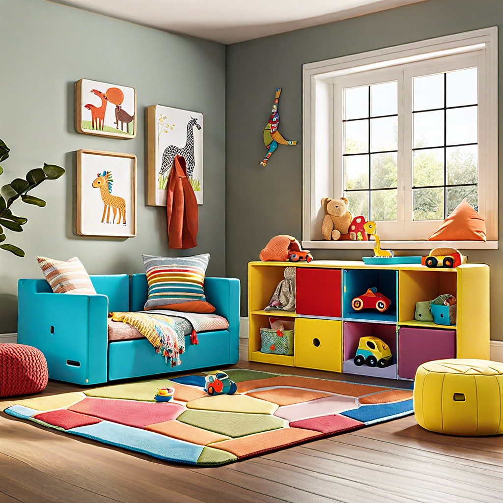 interactive childrens corner with colorful washable fabrics and safe modular pieces