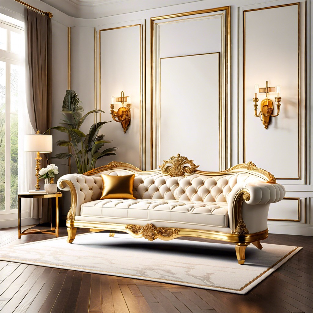 ivory tufted sofa with gold or brass frame for a luxe look